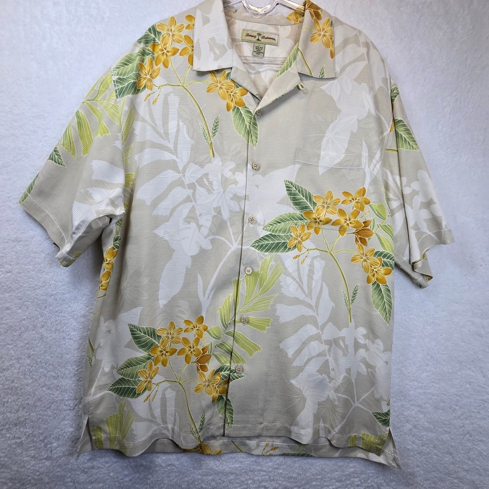 Y2K Tommy Bahama Mens XL Silk Shirt Tropical Floral‎ Wood Button Up Resortwear